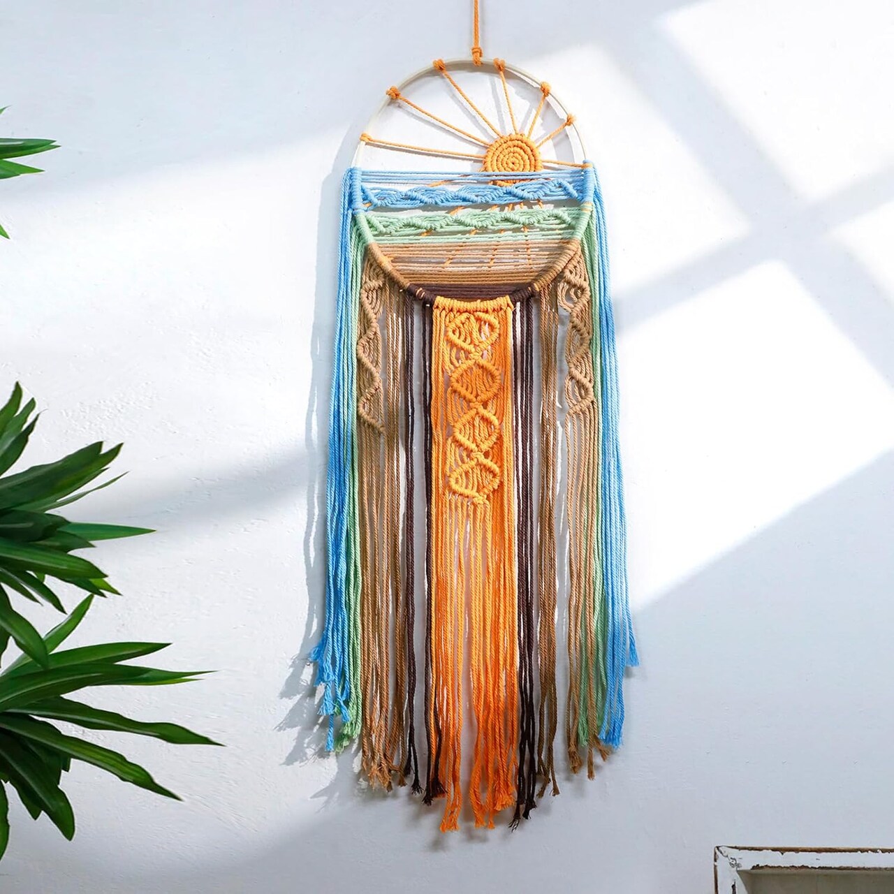 Sunset Wall Art Dreamcatcher — Large Macrame Wall Hanging, Hand-Woven Boho Tapestry with Colorful Sun Design, Wall Decor for Bedroom, Nursery, or Living Room (Sunset)